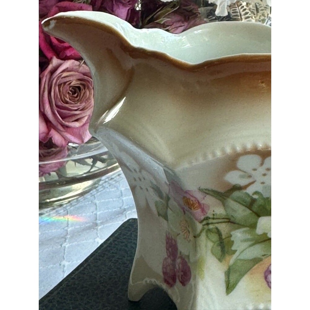 Rare Antique German Hand Painted Floral Footed Creamer Sepia Yellow Brown - Picture 11 of 16